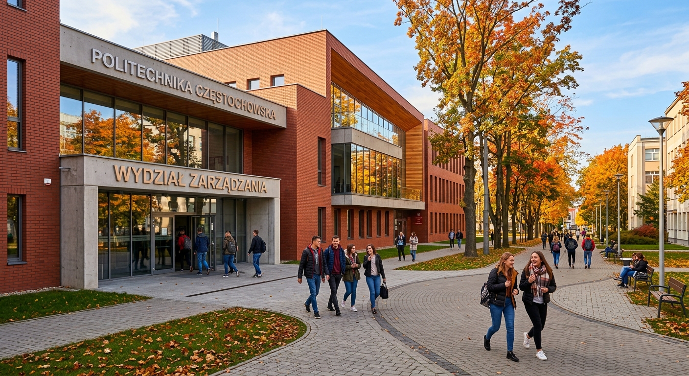 Modern campus building of Częstochowa University of Technology with students walking along tree-lined pathways, Faculty of Management entrance visible, autumn sunlight casting warm tones on red-brick and glass architecture in Częstochowa, Poland