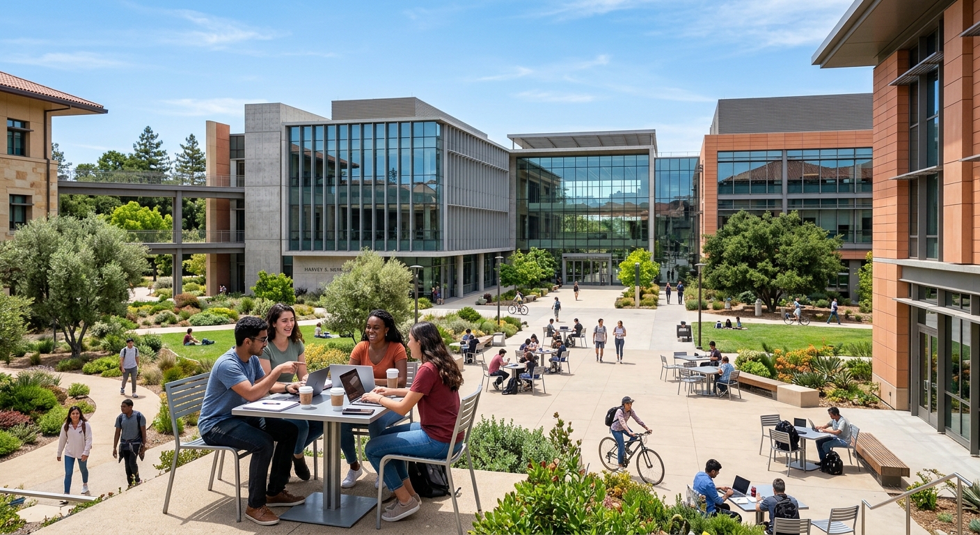 Stanford University Science and Engineering Quad with modern glass and concrete buildings, outdoor seating areas, students collaborating, green landscaping and California sunlight