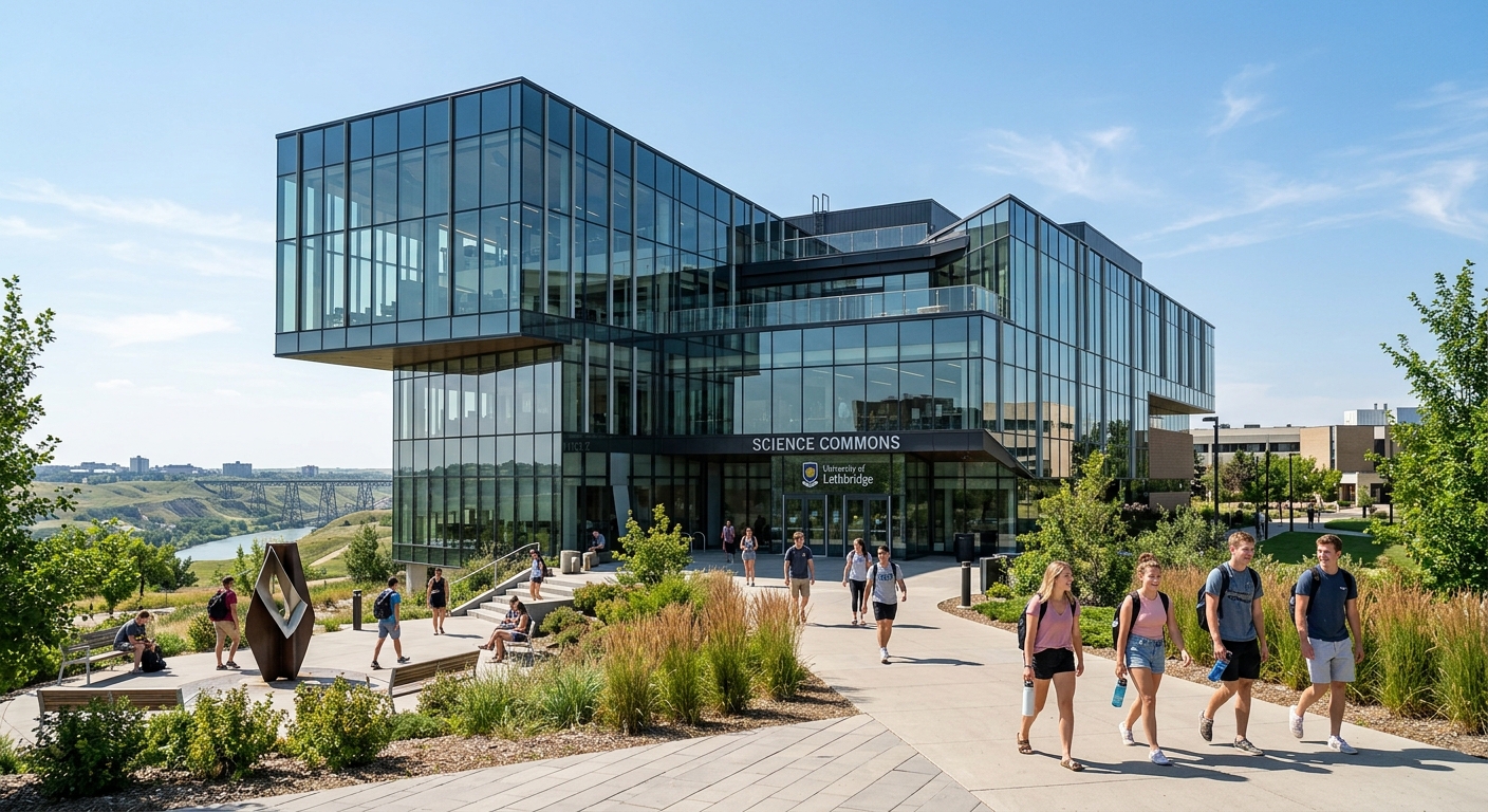 Science Commons building at the University of Lethbridge, a modern glass and steel research facility with students walking outside on a sunny day