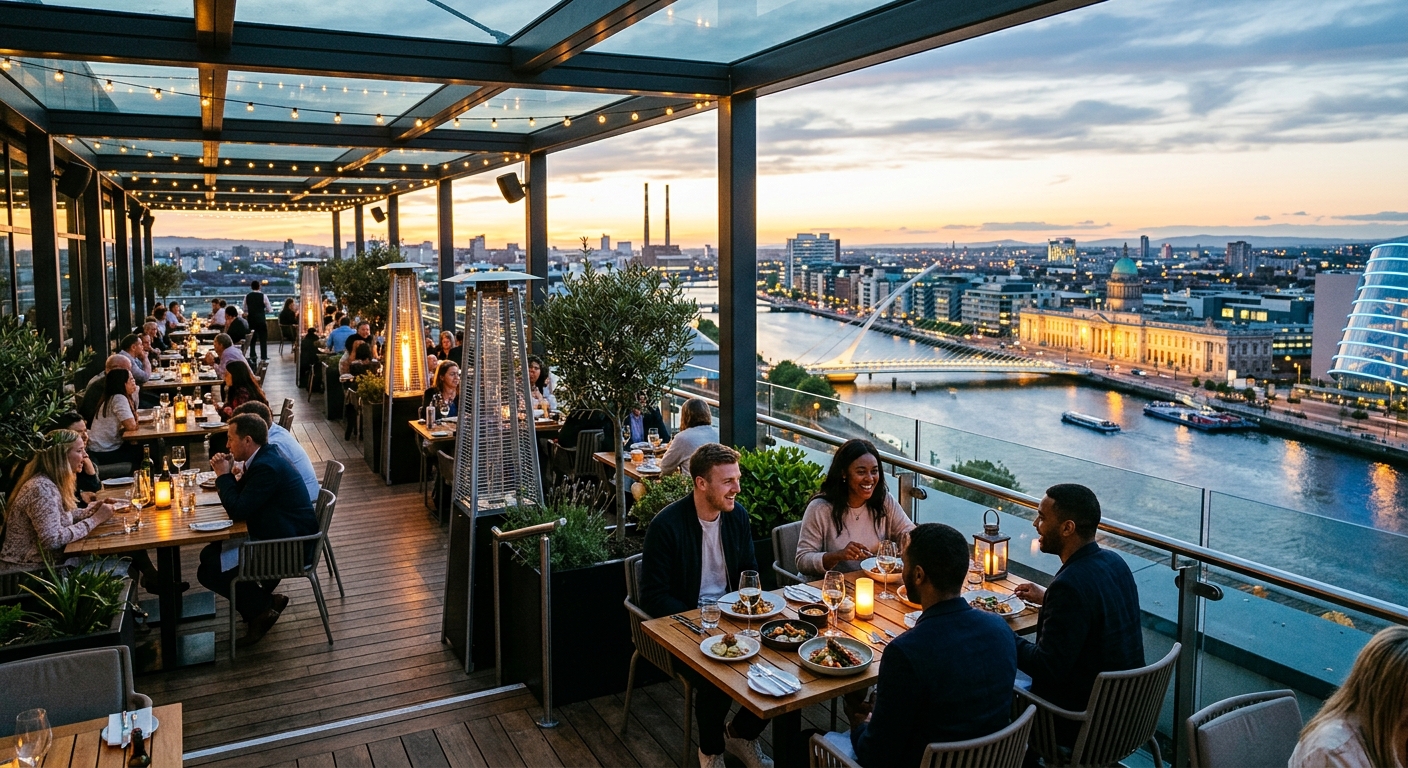 Rooftop terrace restaurant overlooking Dublin city skyline, outdoor seating area, modern urban dining space, views of Dublin landmarks and docklands