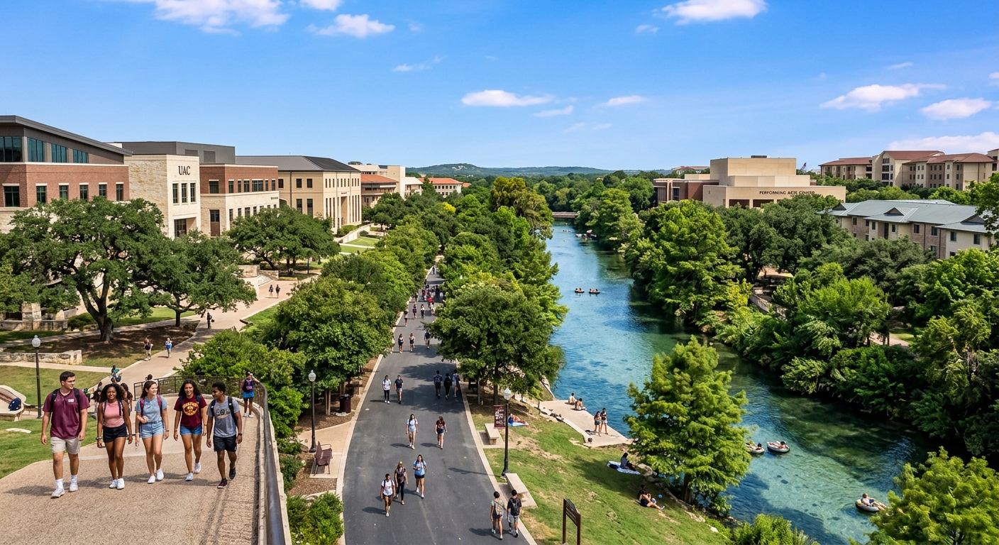 Texas State University campus in San Marcos with the San Marcos River flowing through lush green grounds, modern academic buildings, students walking along tree-lined pathways under a clear Texas sky