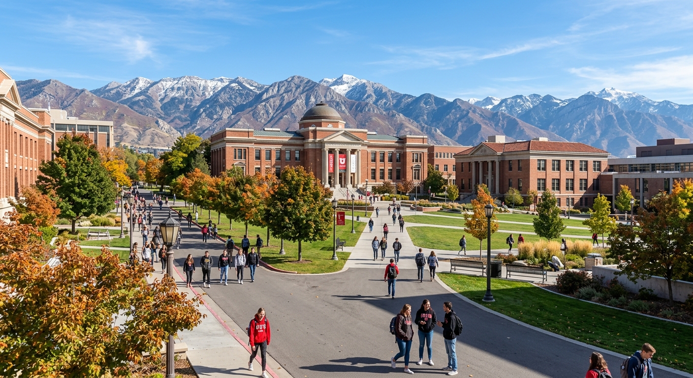 University of Utah campus in Salt Lake City with red-brick academic buildings, the Wasatch Mountains in the background, students walking along tree-lined pathways, clear blue sky