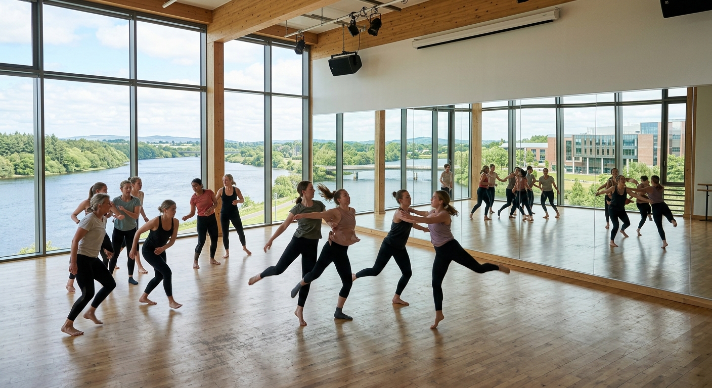 Spacious contemporary dance studio inside the Irish World Academy of Music and Dance at University of Limerick, dancers rehearsing with mirrored walls, sprung wooden floor, natural light streaming through large windows, River Shannon visible in background