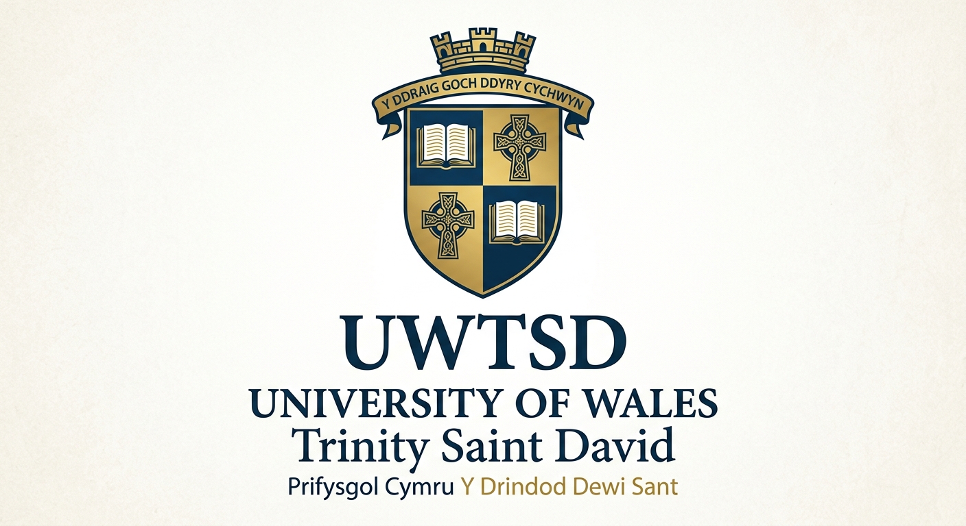University of Wales Trinity Saint David official logo featuring a shield crest with cross and book motifs, text reading UWTSD in dark blue and gold