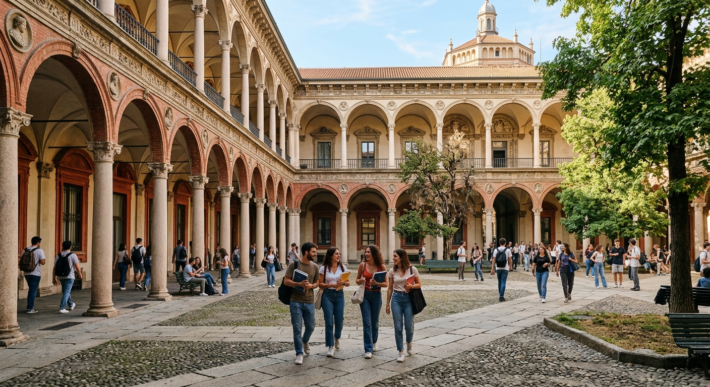 Historic university building in central Milan with classical Italian architecture, students walking through an elegant courtyard with arched colonnades, warm Mediterranean sunlight