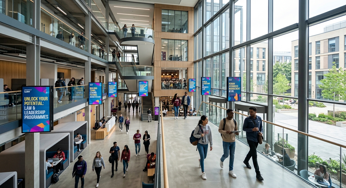 Modern University of Law campus building in the United Kingdom, professional business school environment with glass facade, students walking through a contemporary atrium with natural light, HR and leadership themed posters on digital screens