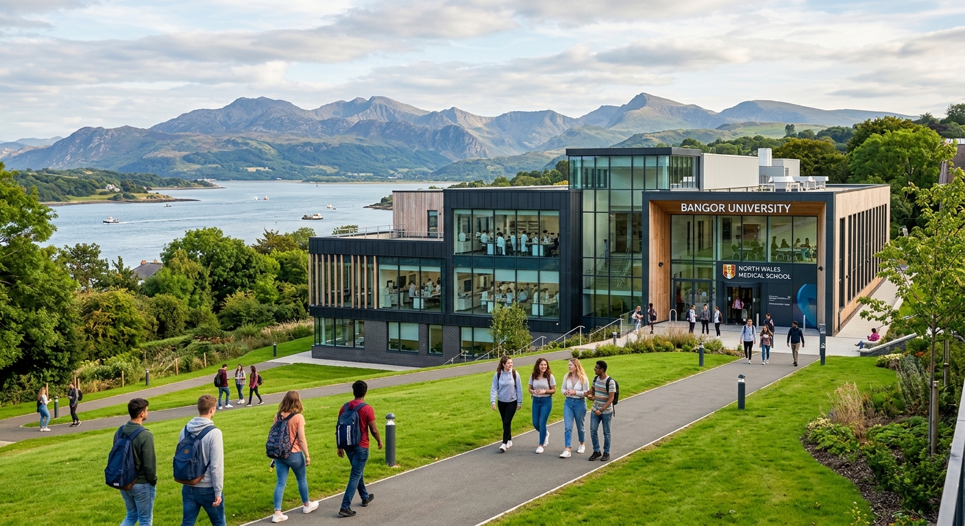 Bangor University North Wales Medical School building with modern laboratory facilities, set against the scenic backdrop of Snowdonia mountains and the Menai Strait, students walking across the green campus