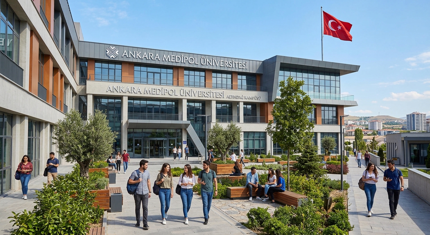 Modern Ankara Medipol University campus building in Altindag district of Ankara Turkey, students walking through courtyard with contemporary architecture, clear blue sky, Turkish flag visible