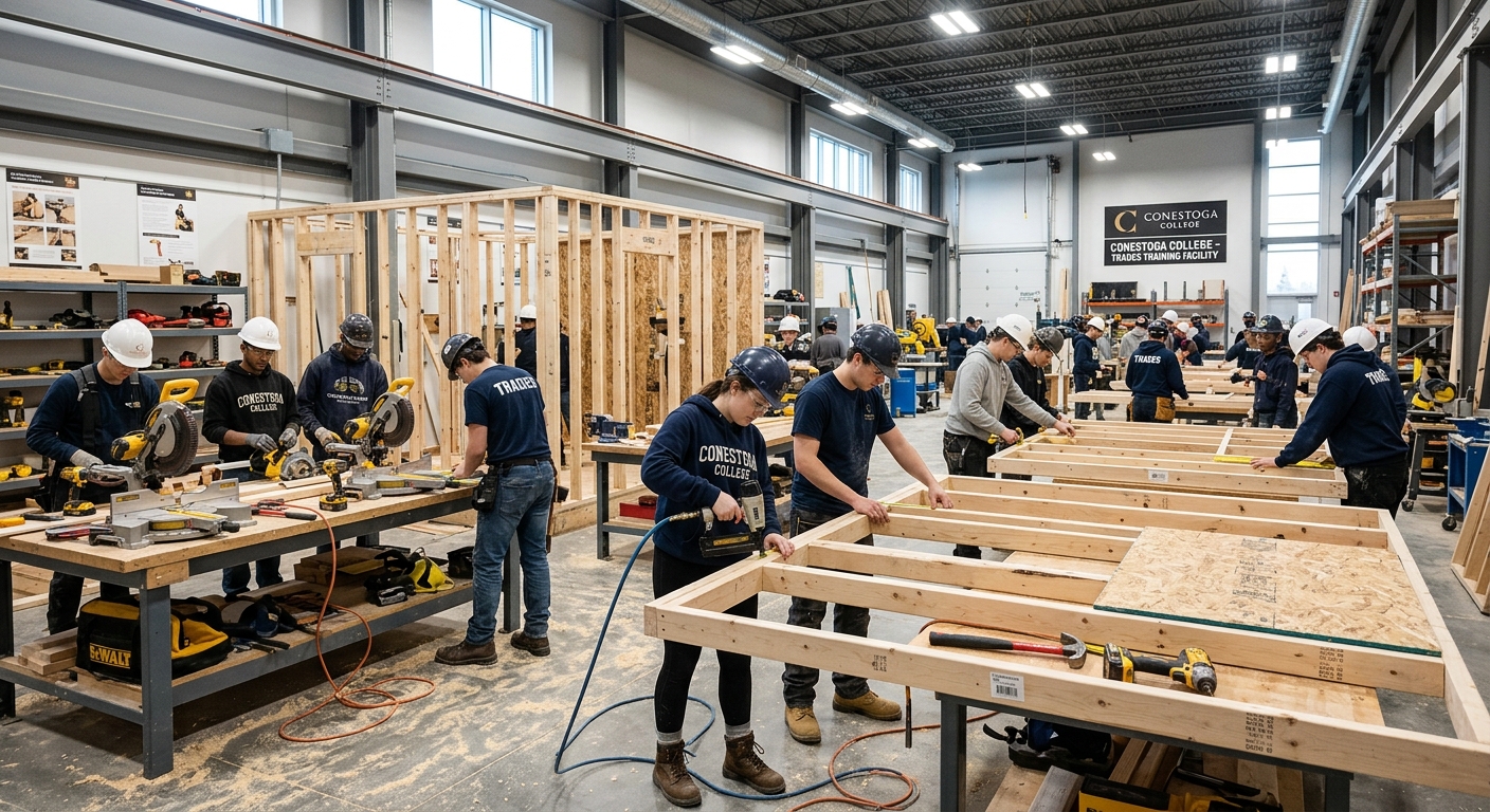 Carpentry workshop at Conestoga College with students working on wooden framing structures, power tools on workbenches, safety gear visible, bright industrial lighting in a modern trades training facility