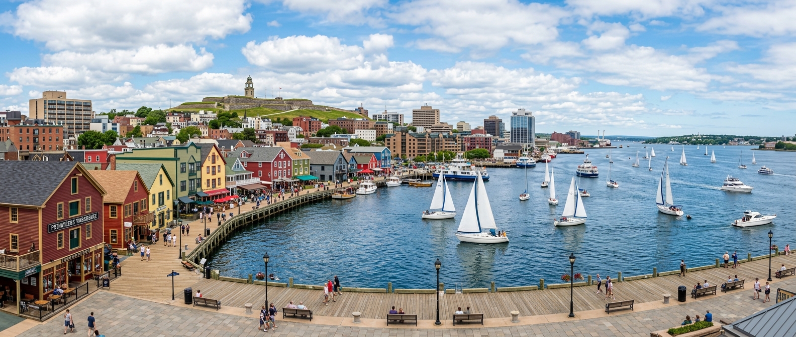 Halifax Nova Scotia waterfront panorama, colourful historic buildings along the harbour boardwalk, sailboats in the water, Citadel Hill in the background, blue sky with scattered clouds
