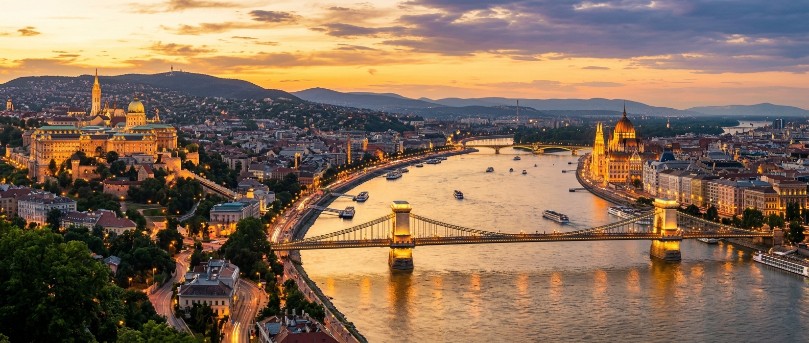Panoramic view of Budapest cityscape at sunset, Danube River flowing between Buda and Pest, Parliament Building illuminated, Chain Bridge, Buda Castle on the hill, warm golden light