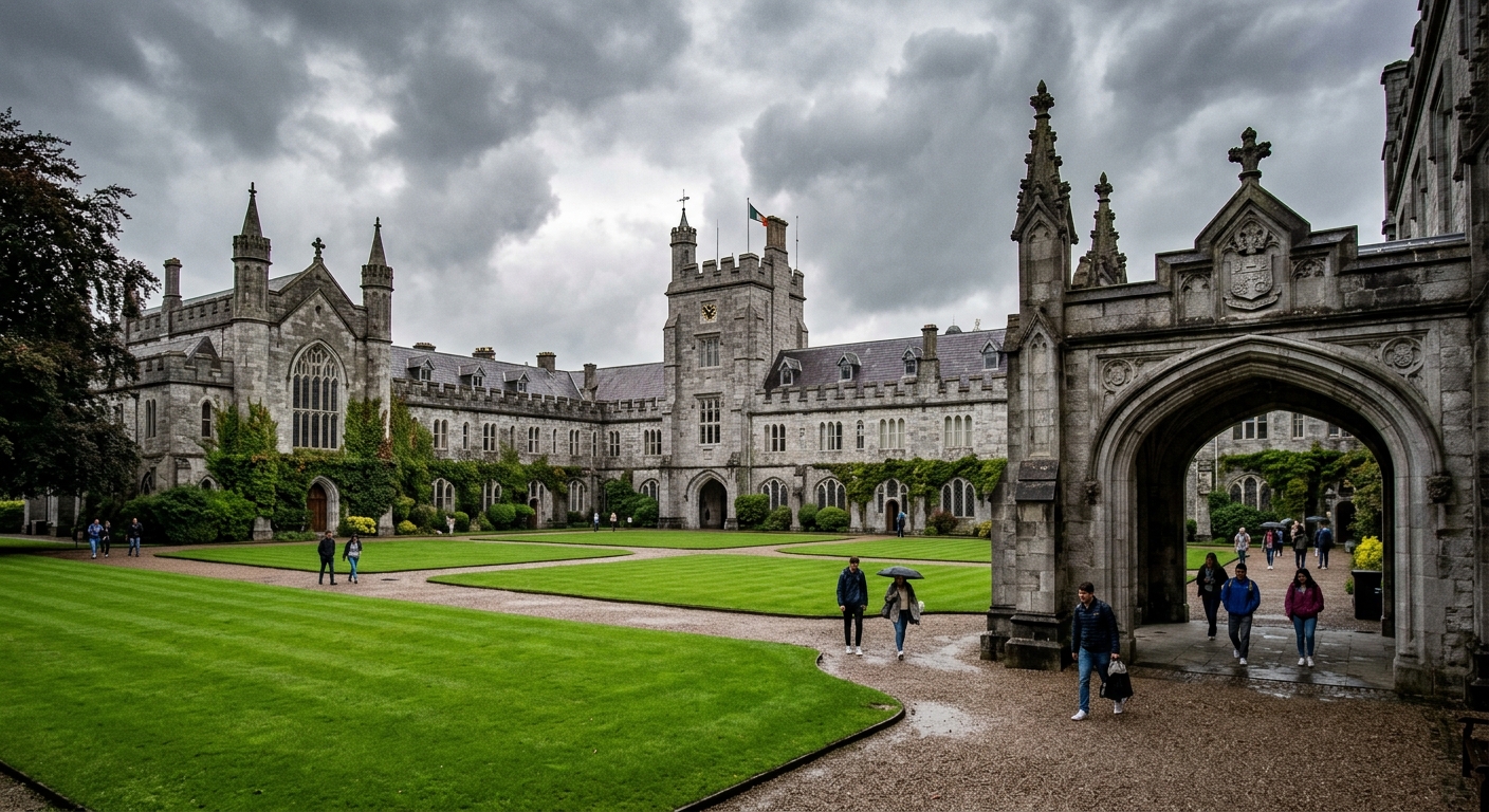 UCC Main Quadrangle with Gothic Revival limestone buildings, manicured green lawns, and stone archways under overcast Irish sky