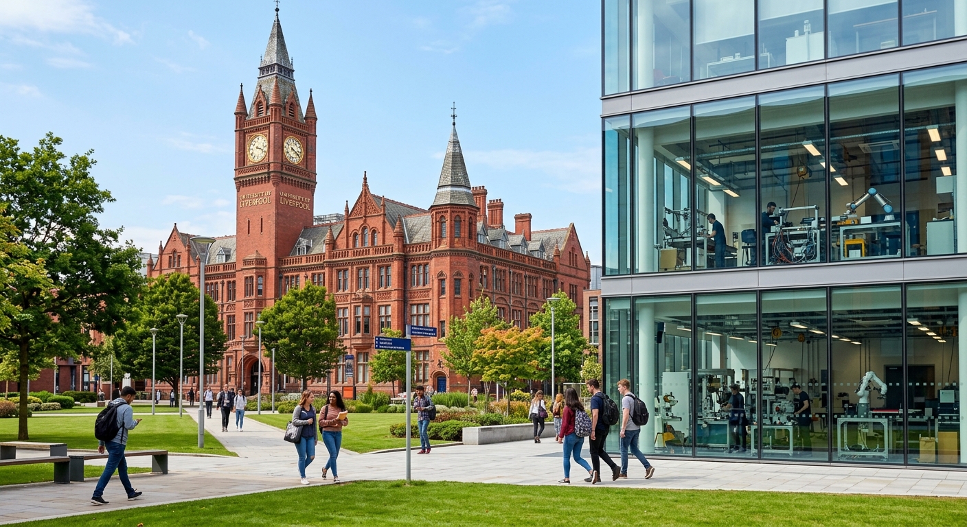 University of Liverpool redbrick campus with the iconic Victoria Building in background, modern engineering laboratory equipment visible through glass windows, students walking across campus green on a bright day in Liverpool, United Kingdom