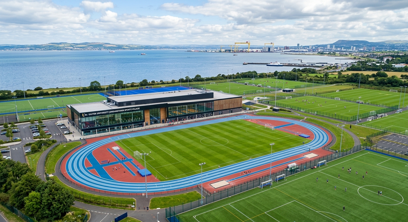 Ulster University Jordanstown Sports Village, modern sports complex with athletics track, gym facilities, and green playing fields overlooking Belfast Lough