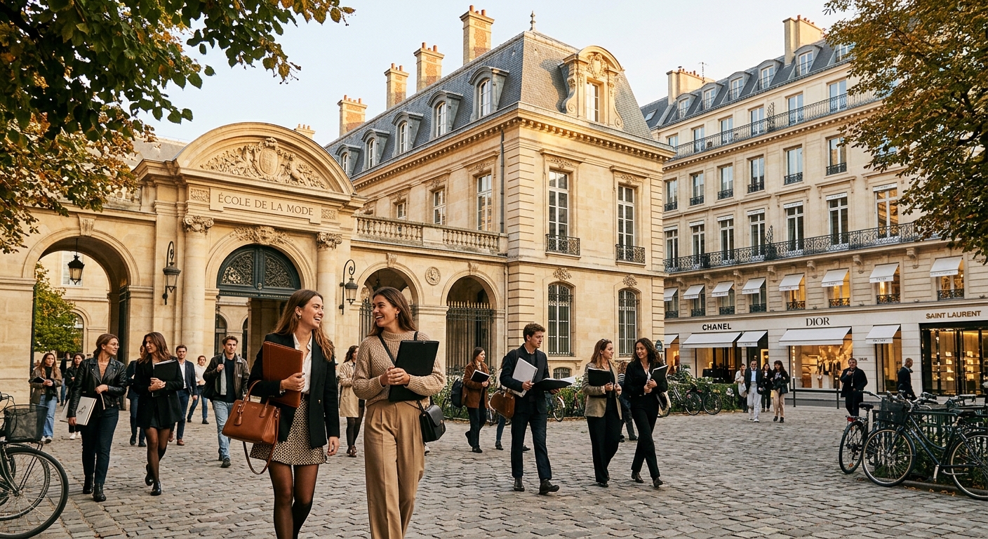 Elegant Parisian campus building with classical French architecture, fashion students walking with portfolios, luxury storefronts visible in the background, golden afternoon light reflecting off limestone facades