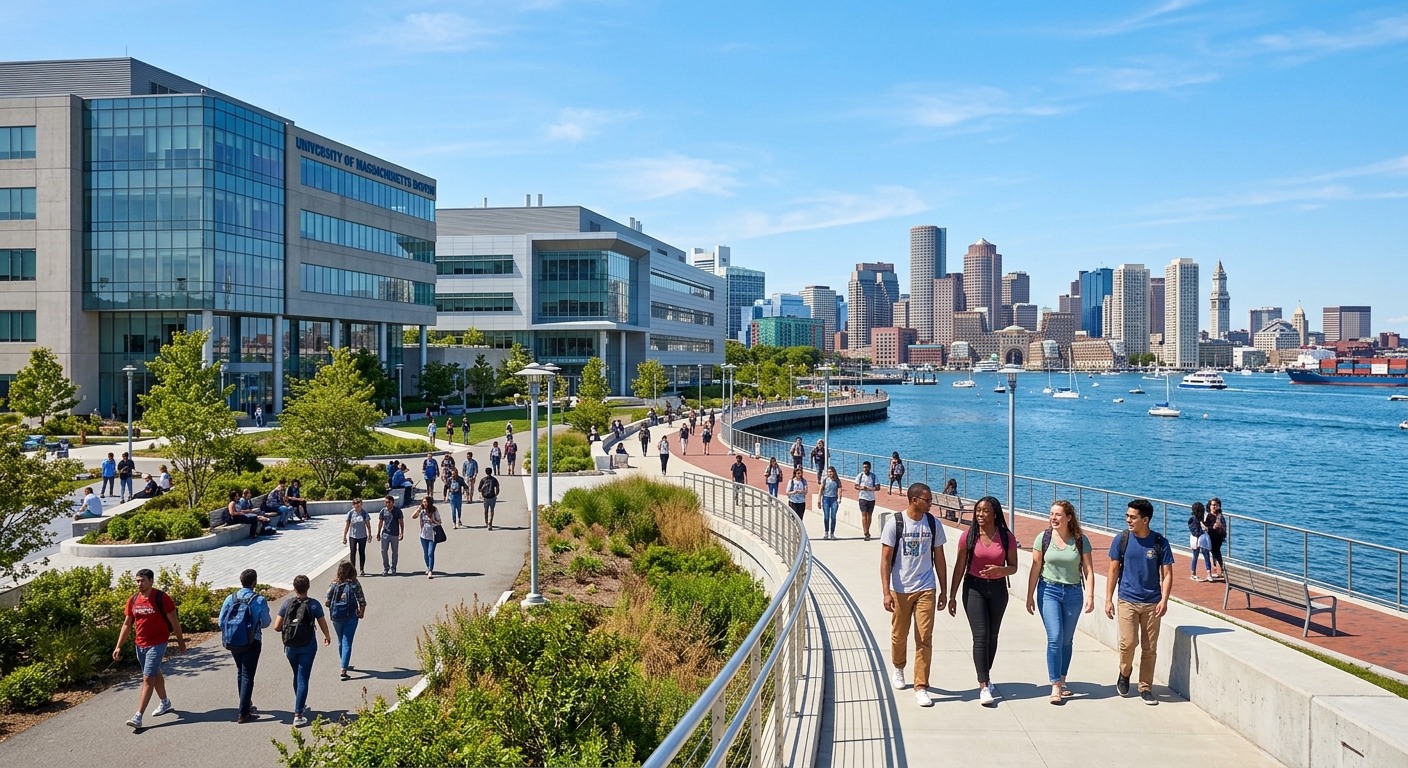 UMass Boston waterfront campus with modern academic buildings overlooking Boston Harbor, students walking along pedestrian paths on a sunny day, city skyline visible in the background