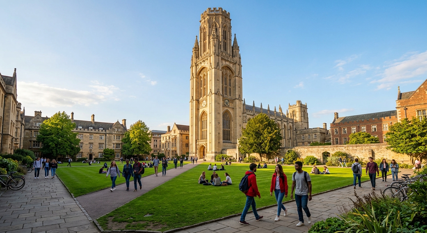 University of Bristol historic Wills Memorial Building tower with Gothic architecture, students walking across a green campus quad in Bristol, England, clear sky with warm natural light