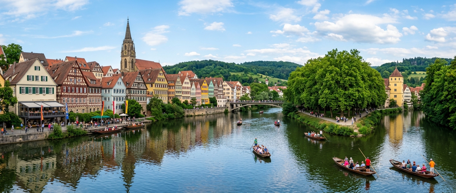 Panoramic view of Tübingen old town along the Neckar River, colorful half-timbered houses reflected in the water, Platanenallee on Neckar Island, Stiftskirche tower, green hills in background, punting boats on the river