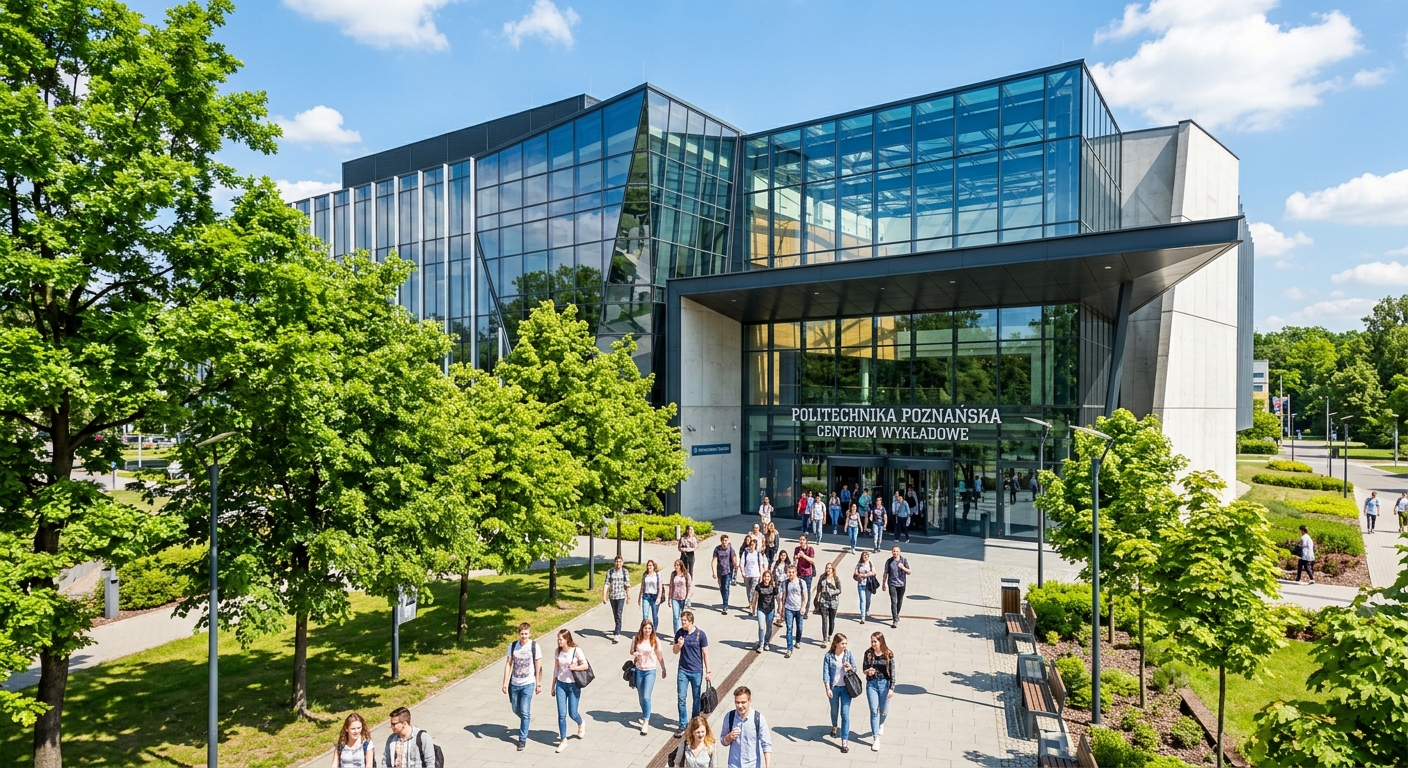 Poznan University of Technology modern lecture center building, glass facade, students entering, green trees lining the walkway, sunny day