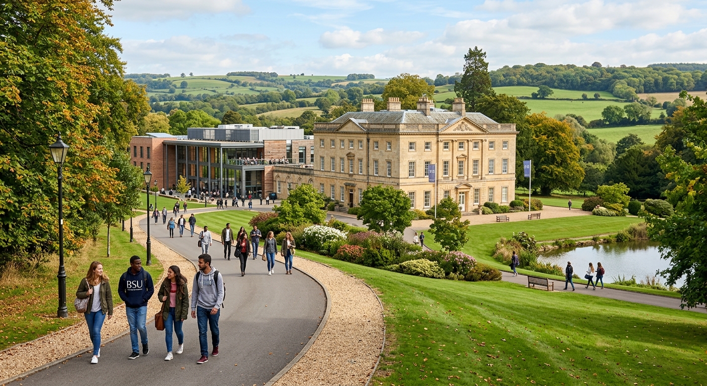 Historic Newton Park campus of Bath Spa University surrounded by green countryside, Georgian-era buildings with modern learning facilities, students walking along tree-lined pathways in Bath, England