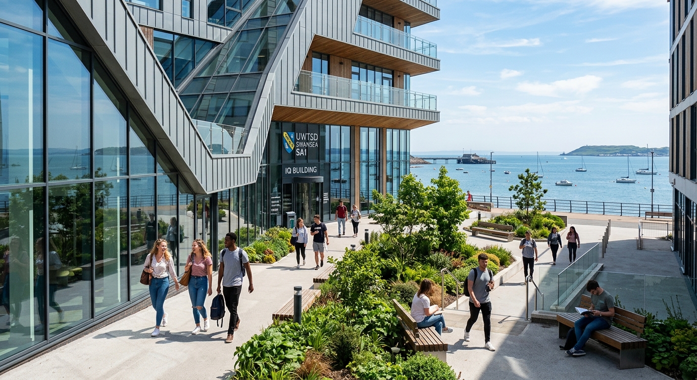 Modern university campus building at UWTSD Swansea SA1 waterfront location, students walking through bright courtyard with contemporary architecture, green landscaping, and views of Swansea Bay in the background