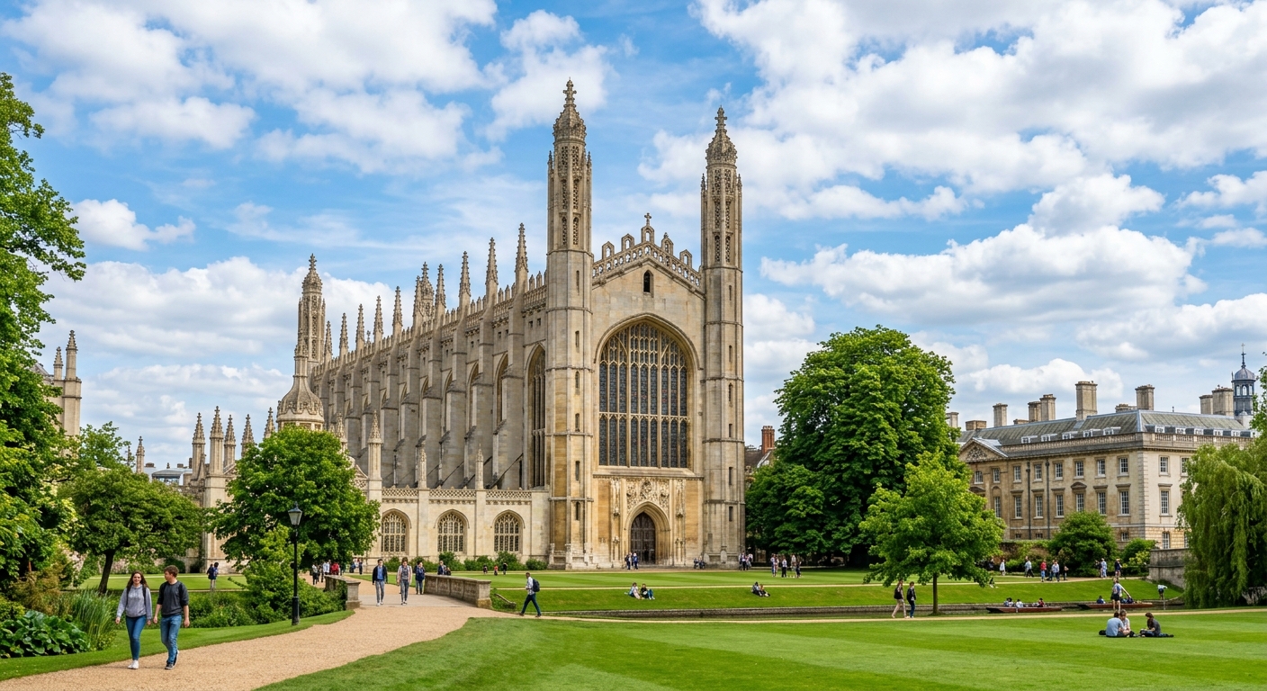 King's College Chapel at the University of Cambridge, magnificent Gothic perpendicular architecture, tall stained glass windows, green lawn in front, blue sky with scattered clouds