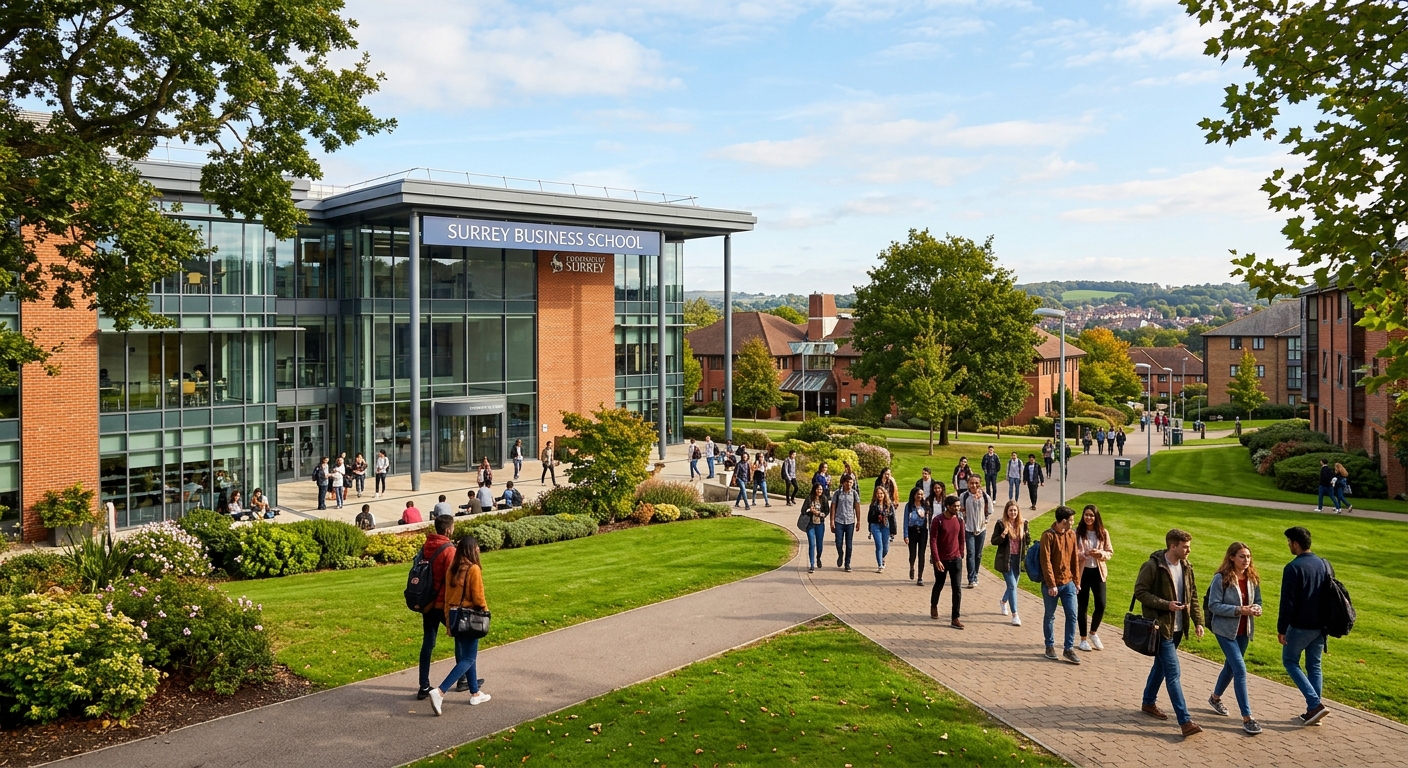 University of Surrey Stag Hill campus with modern Surrey Business School building, green landscaped grounds, and students walking between lecture halls on a sunny day in Guildford, England