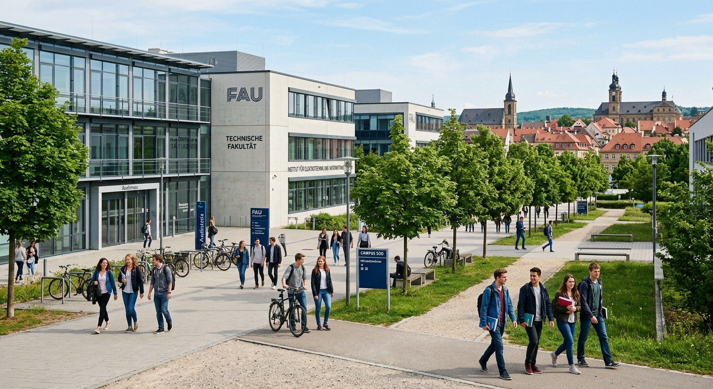 Modern university campus in Erlangen, Germany with contemporary engineering faculty buildings, students walking between lecture halls, green trees lining pathways, Bavarian architecture in background