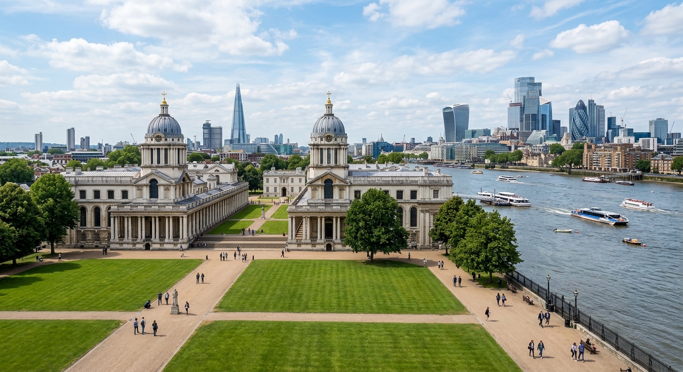 University of Greenwich historic campus on the banks of the River Thames, baroque buildings of the Old Royal Naval College UNESCO World Heritage Site, green lawns and classical architecture under a blue sky, London skyline in the background