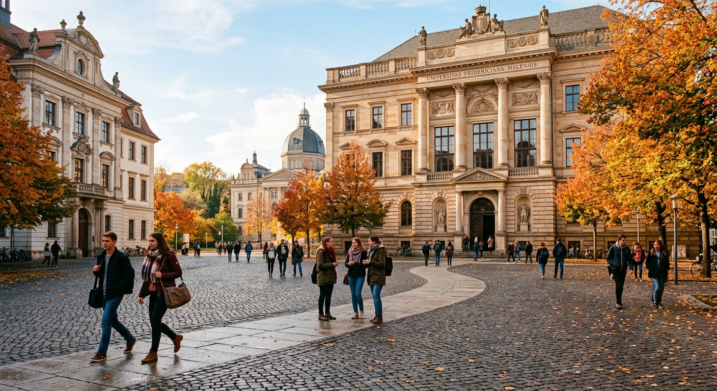 Historic university building at Martin Luther University Halle-Wittenberg with classical architecture, students walking through University Square in Halle (Saale), autumn trees lining the courtyard, warm daylight