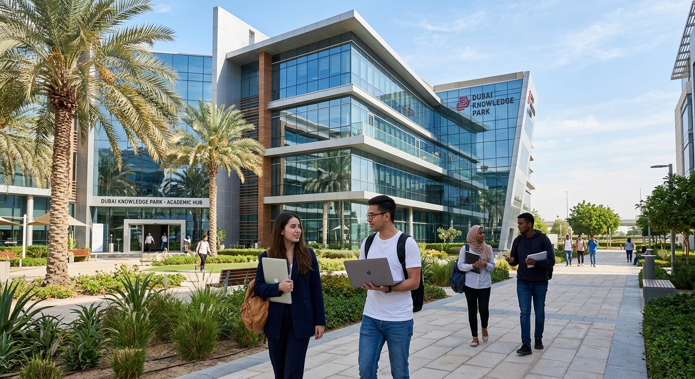 Modern campus building at Dubai Knowledge Park with glass facades, palm trees, and international students walking with laptops and backpacks in bright sunny weather