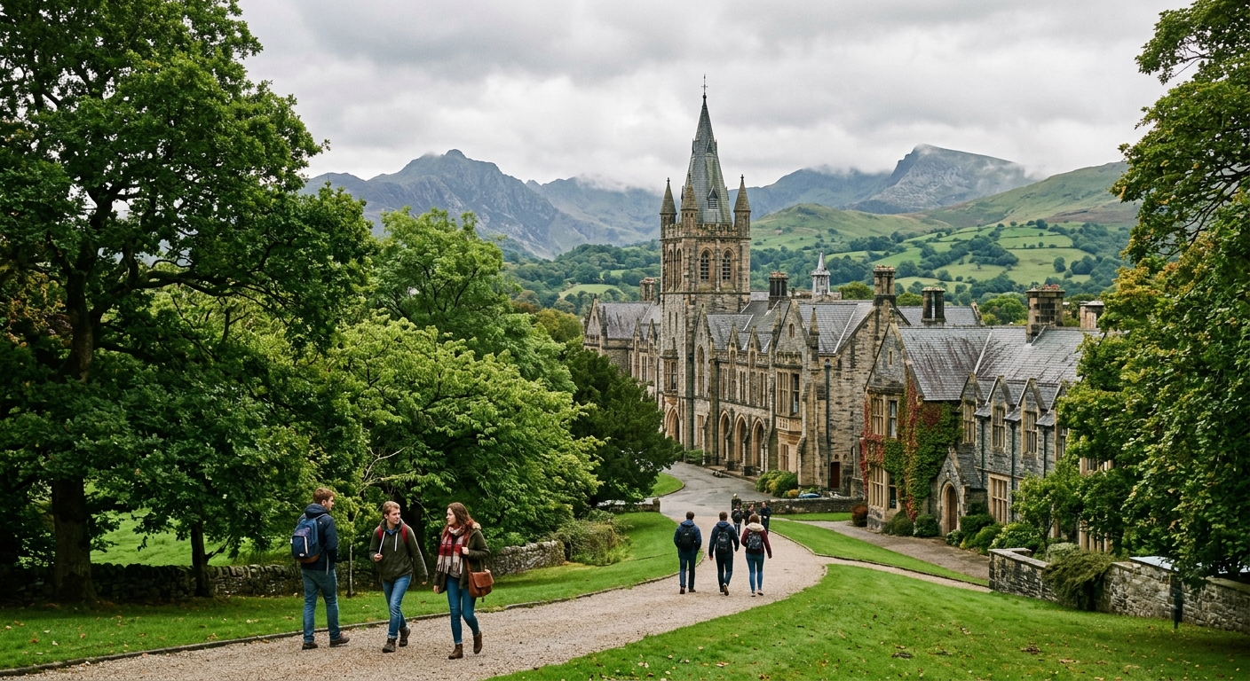 Historic Bangor University campus with Victorian stone buildings surrounded by lush green Welsh landscape, mountains of Snowdonia visible in the background, students walking along tree-lined paths under overcast skies