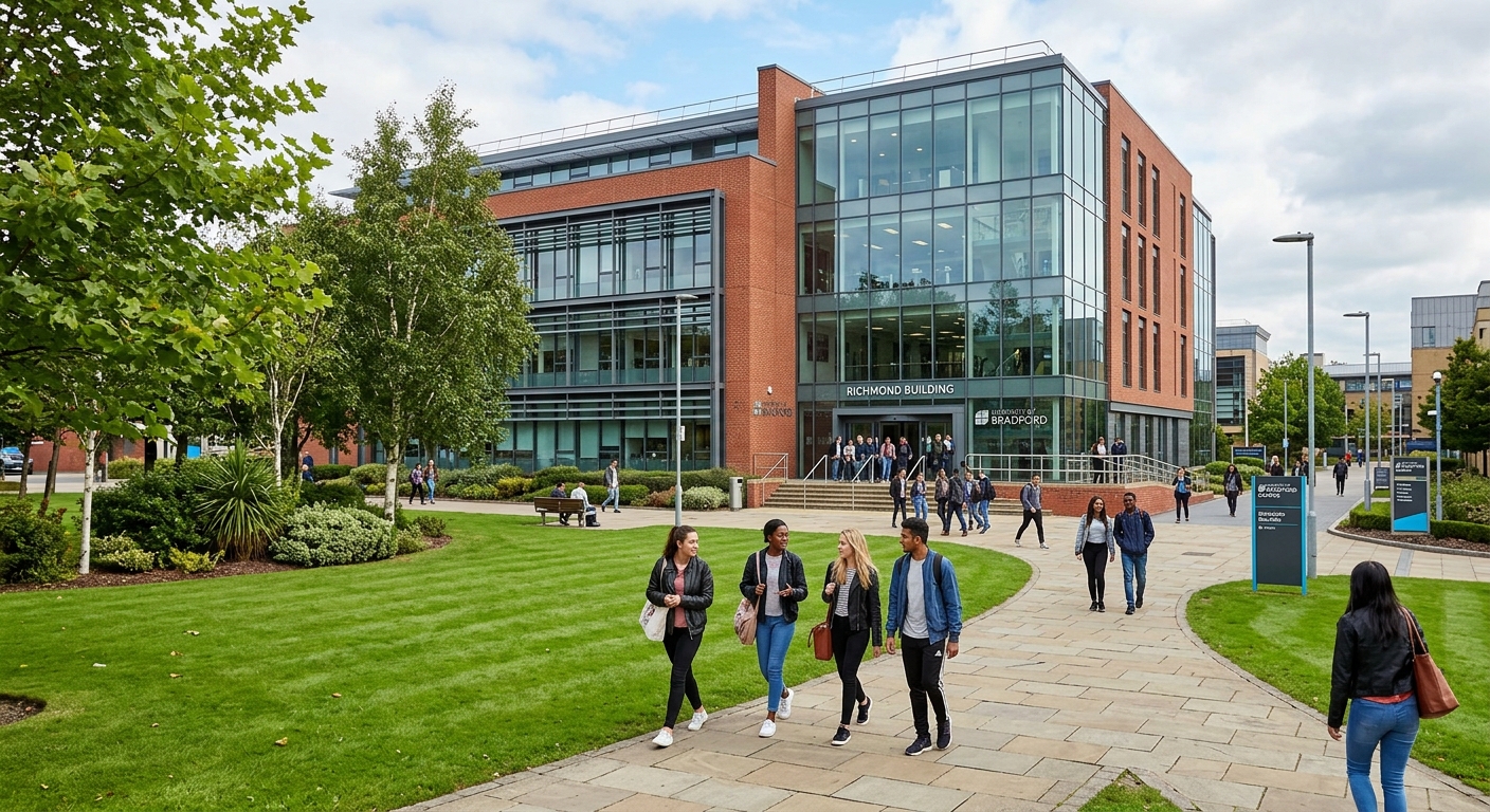 University of Bradford Richmond Building, modern glass and brick academic building, students walking on campus pathways, green lawn in foreground