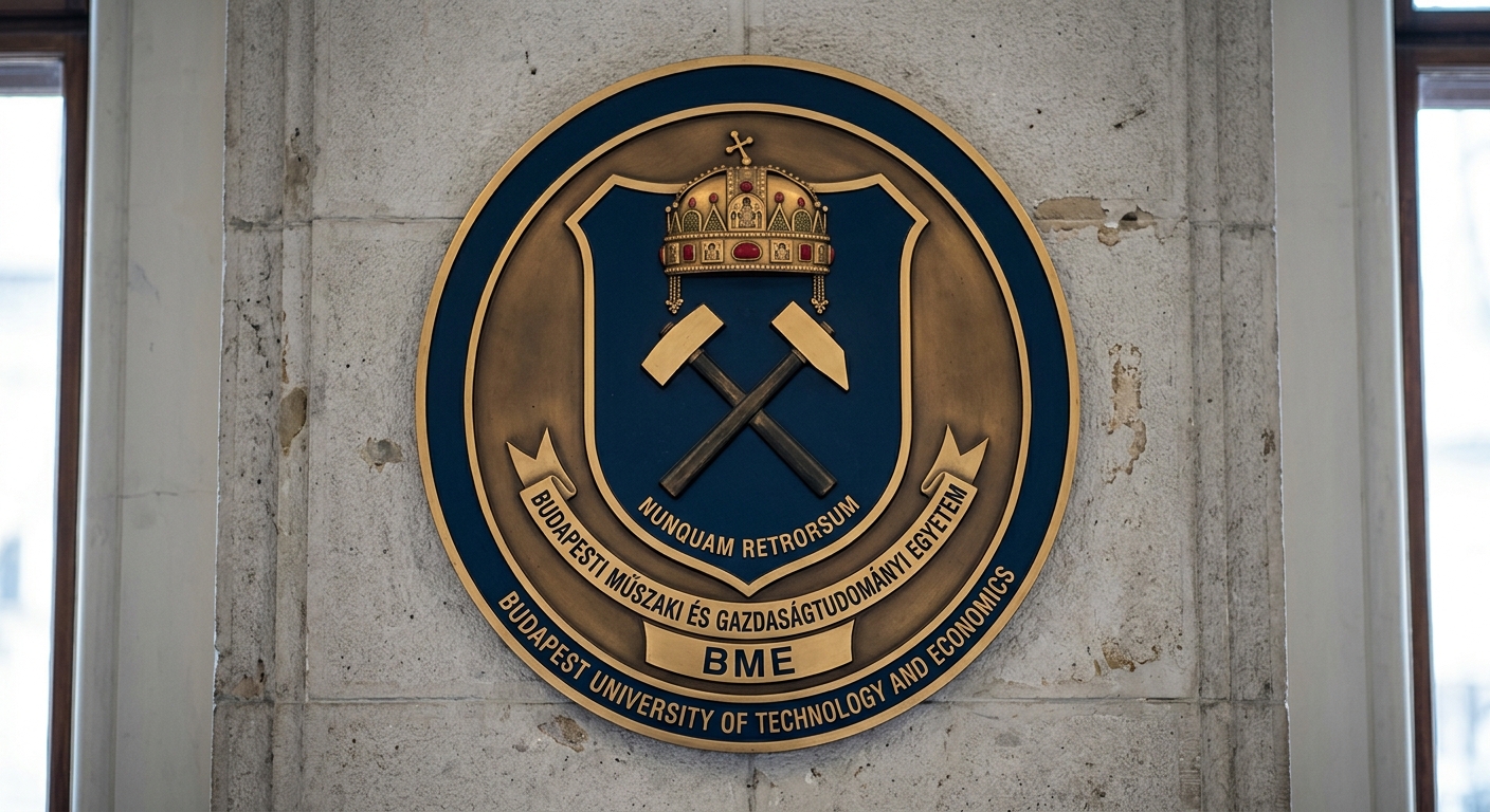 Budapest University of Technology and Economics BME official logo, blue shield emblem with crown and crossed tools, university name in Hungarian and English