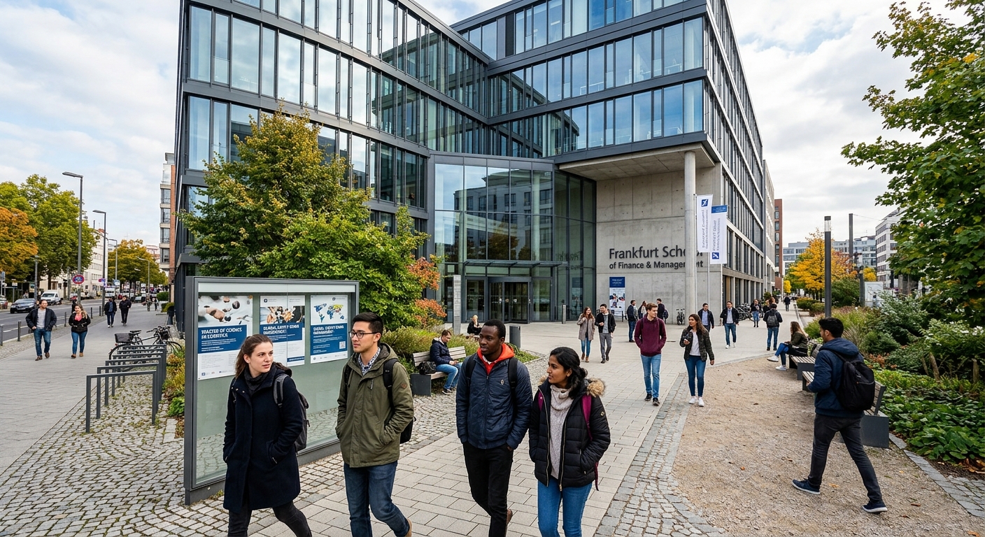 Modern university campus building in Germany with international students walking through a courtyard, glass-fronted business school architecture, logistics and supply chain management posters visible, European urban setting with greenery