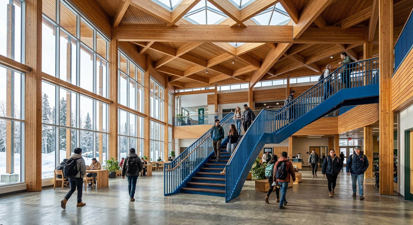 UNBC Canfor Winter Garden interior, flowing blue staircase beneath wooden lattice ceiling, natural light streaming through large windows, students walking through modern timber atrium