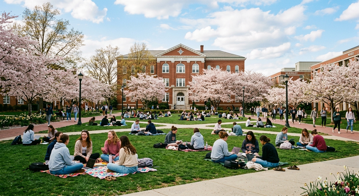 American University campus quad with students sitting on green lawn, Hurst Hall historic building in background, cherry blossom trees in bloom, spring afternoon