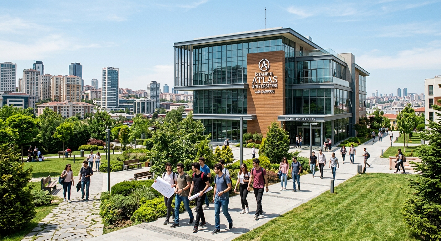 Modern Istanbul Atlas University Vadi Campus building exterior with glass facades, engineering students walking on campus pathways, green landscaping, Kagithane district Istanbul skyline in background, bright daylight