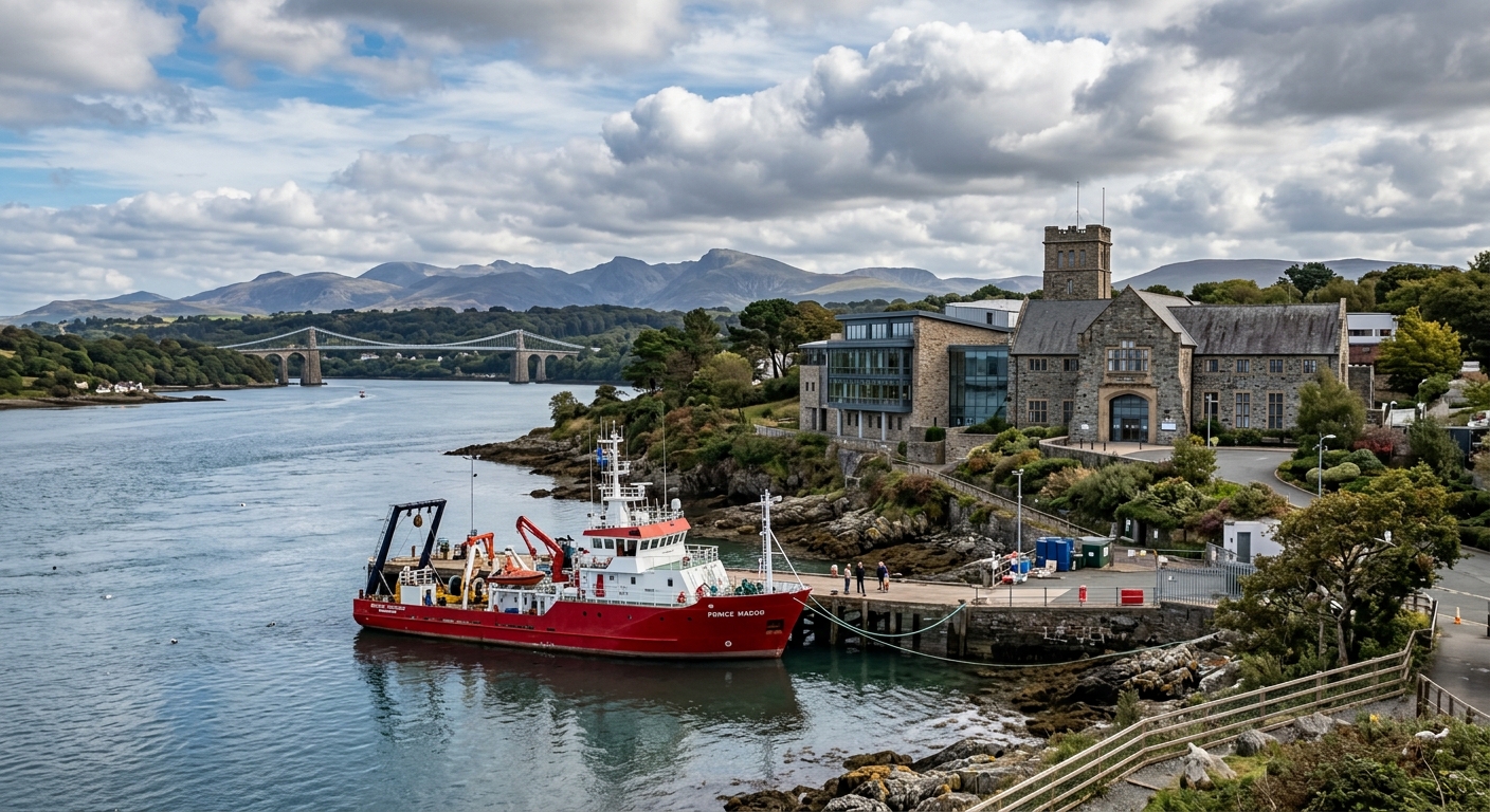 Bangor University School of Ocean Sciences building overlooking the Menai Strait in North Wales, with a research vessel docked nearby, dramatic coastal scenery with mountains in the background under a partly cloudy sky