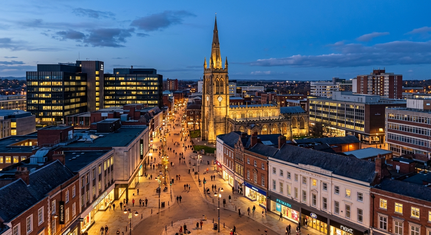 Wolverhampton city centre skyline, St Peter's Church, modern buildings, pedestrianised shopping streets, evening lighting, West Midlands urban landscape