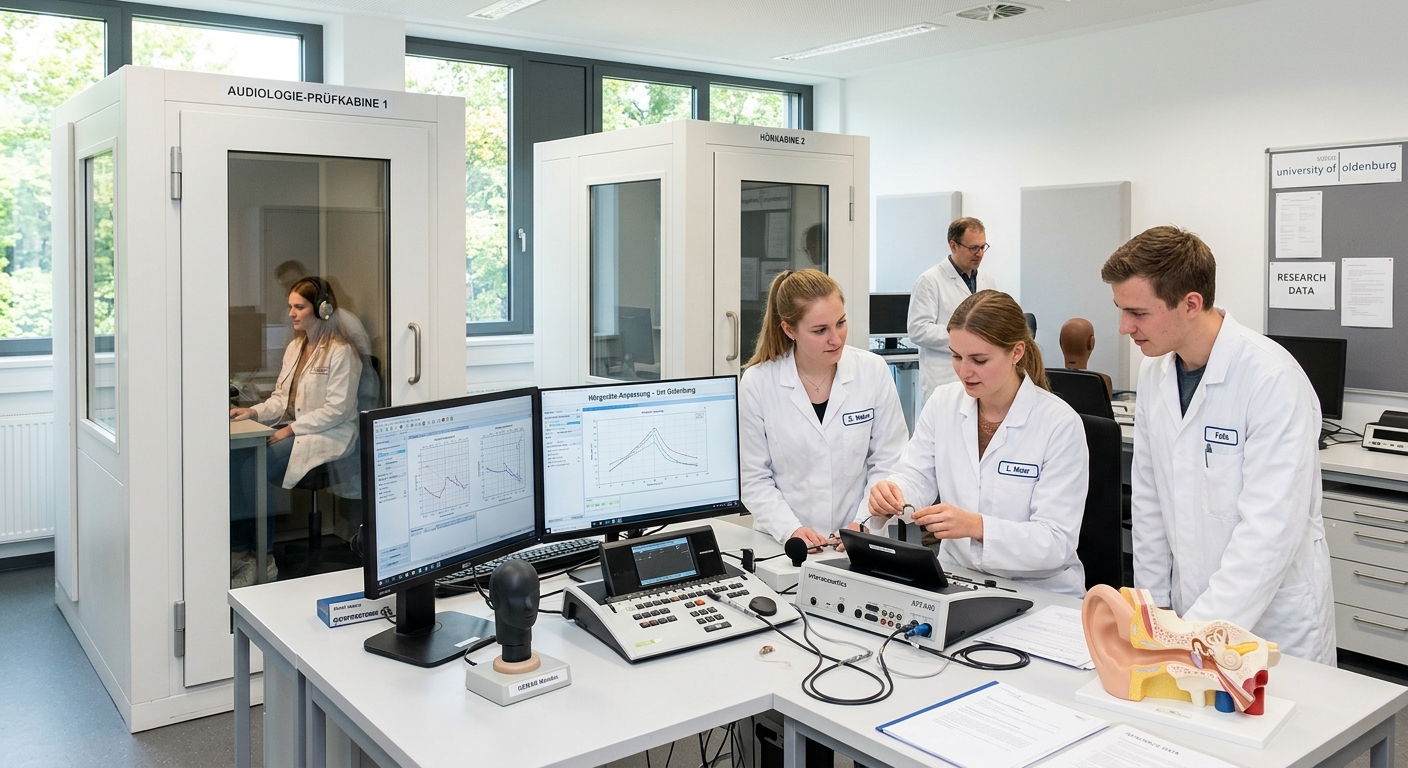 Modern audiology laboratory at University of Oldenburg, students working with hearing aid technology equipment, sound-insulated testing booths, acoustic measurement devices, bright clinical research environment in Germany