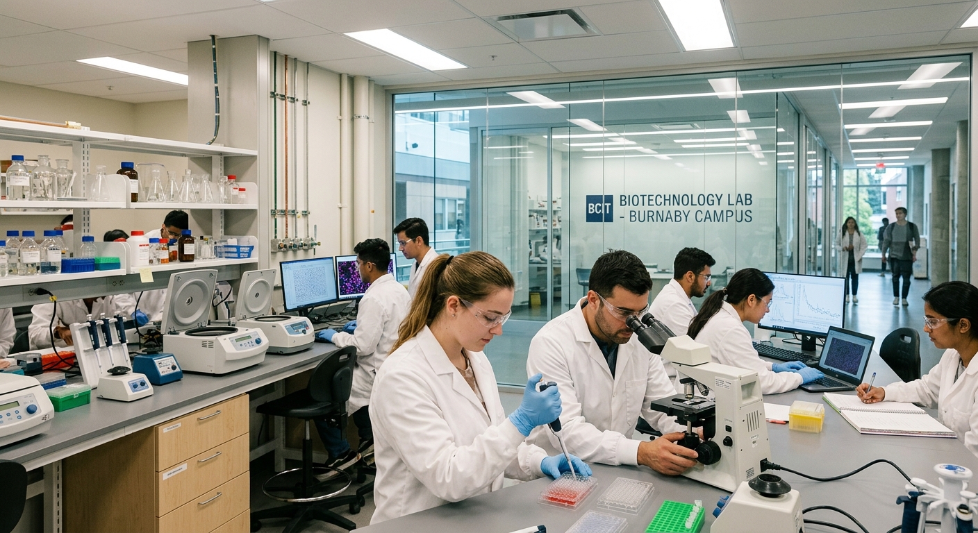 Modern biotechnology laboratory at BCIT Burnaby campus, students in lab coats working with microscopes and pipettes, bright fluorescent lighting, glass-walled research space with scientific equipment