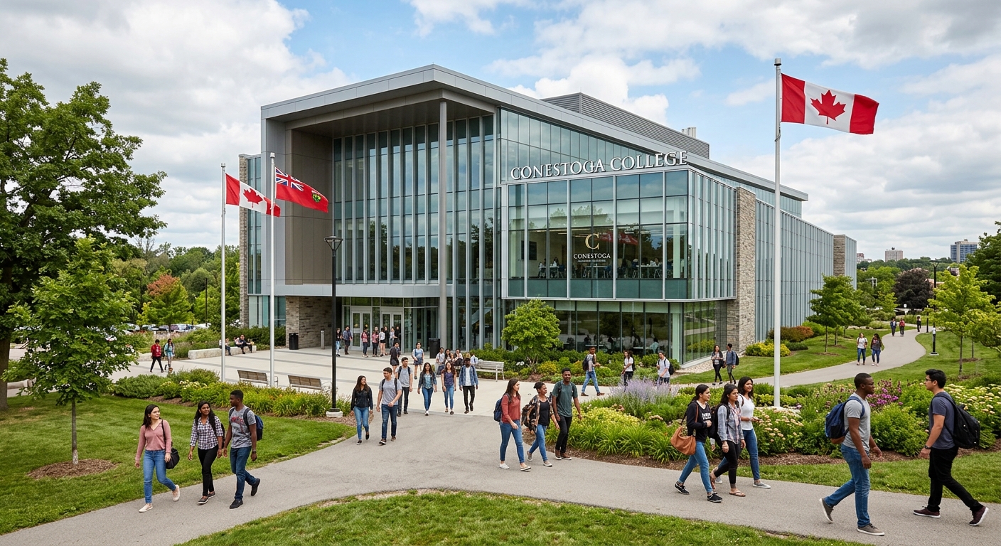 Modern Conestoga College campus building in Kitchener Ontario with glass facade, students walking along pathways, green landscaped grounds, Canadian flag visible, contemporary educational architecture