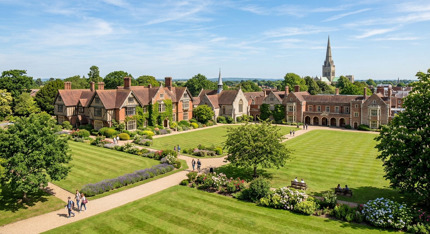 University of Chichester Bishop Otter Campus wide shot, historic neo-Tudor buildings surrounded by manicured gardens, green lawns, with Chichester Cathedral spire visible in the background, bright sunny day on the south coast of England