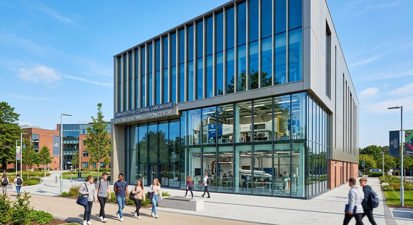 Modern Engineering Innovation Centre building at the University of Lancashire Preston campus, featuring glass facade with students walking outside, wind tunnel laboratory equipment visible through windows, and clear blue sky