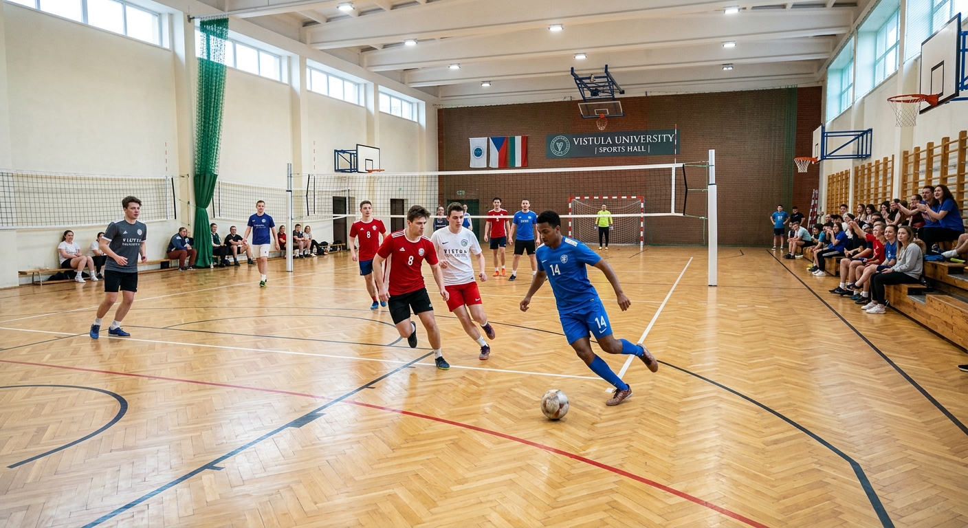 Vistula University sports hall interior, basketball court with wooden flooring, volleyball nets, students playing indoor soccer, bright lighting