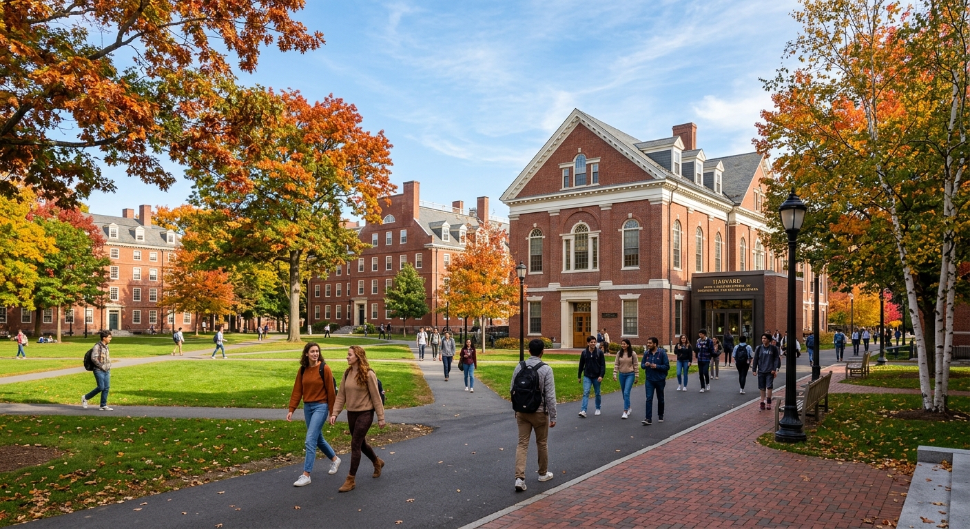 Harvard University campus in Cambridge Massachusetts, historic red brick buildings with white trim, green lawns and mature trees, students walking along pathways near the John A. Paulson School of Engineering and Applied Sciences, autumn foliage, clear blue sky