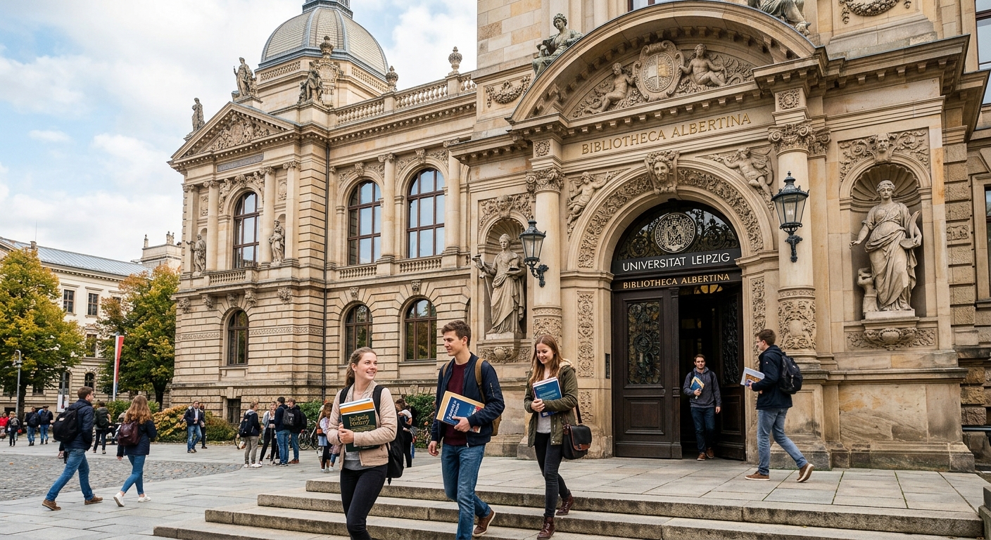 Bibliotheca Albertina University of Leipzig, grand neo-Renaissance library building, ornate entrance, students entering with books