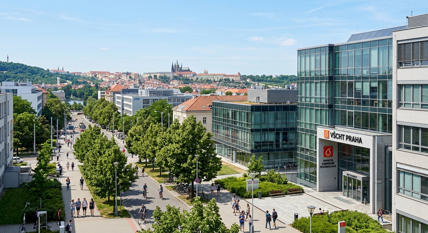 University of Chemistry and Technology Prague campus wide shot in Dejvice district, modern academic buildings with glass facades, tree-lined streets, Prague skyline with castle visible in background, clear sky, European university campus atmosphere