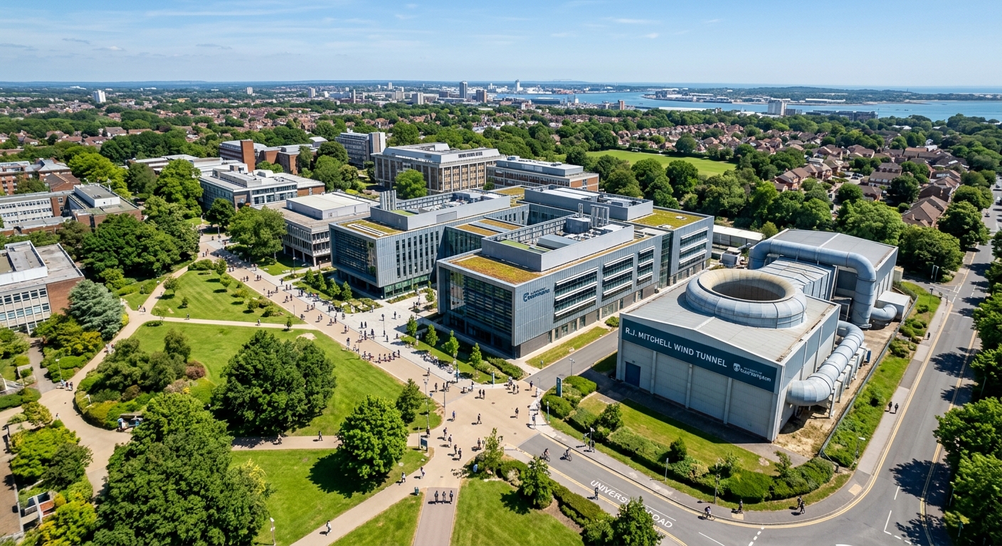 Aerial view of the University of Southampton Highfield Campus with modern engineering buildings, the RJ Mitchell Wind Tunnel facility visible, green lawns, and students walking between lecture halls under a clear sky